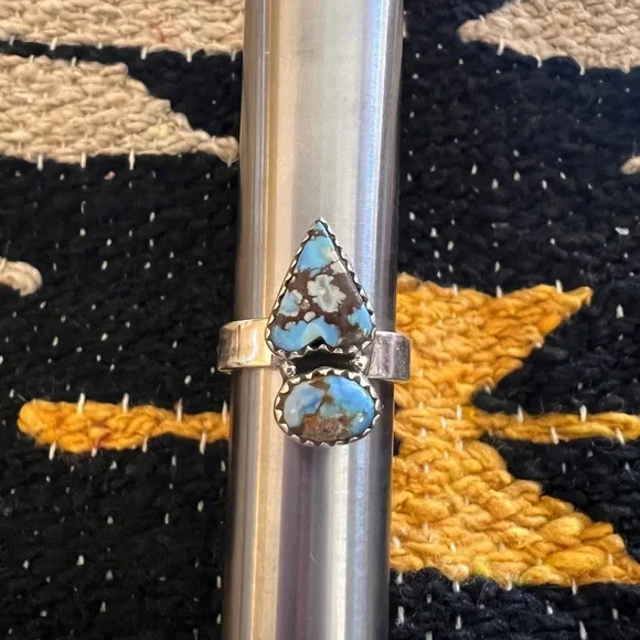 ❤️ Golden Hills Turquoise 925 Southwestern Navajo 2 Stone Adj Ring 6.2gm Unisex - Picture 6 of 16